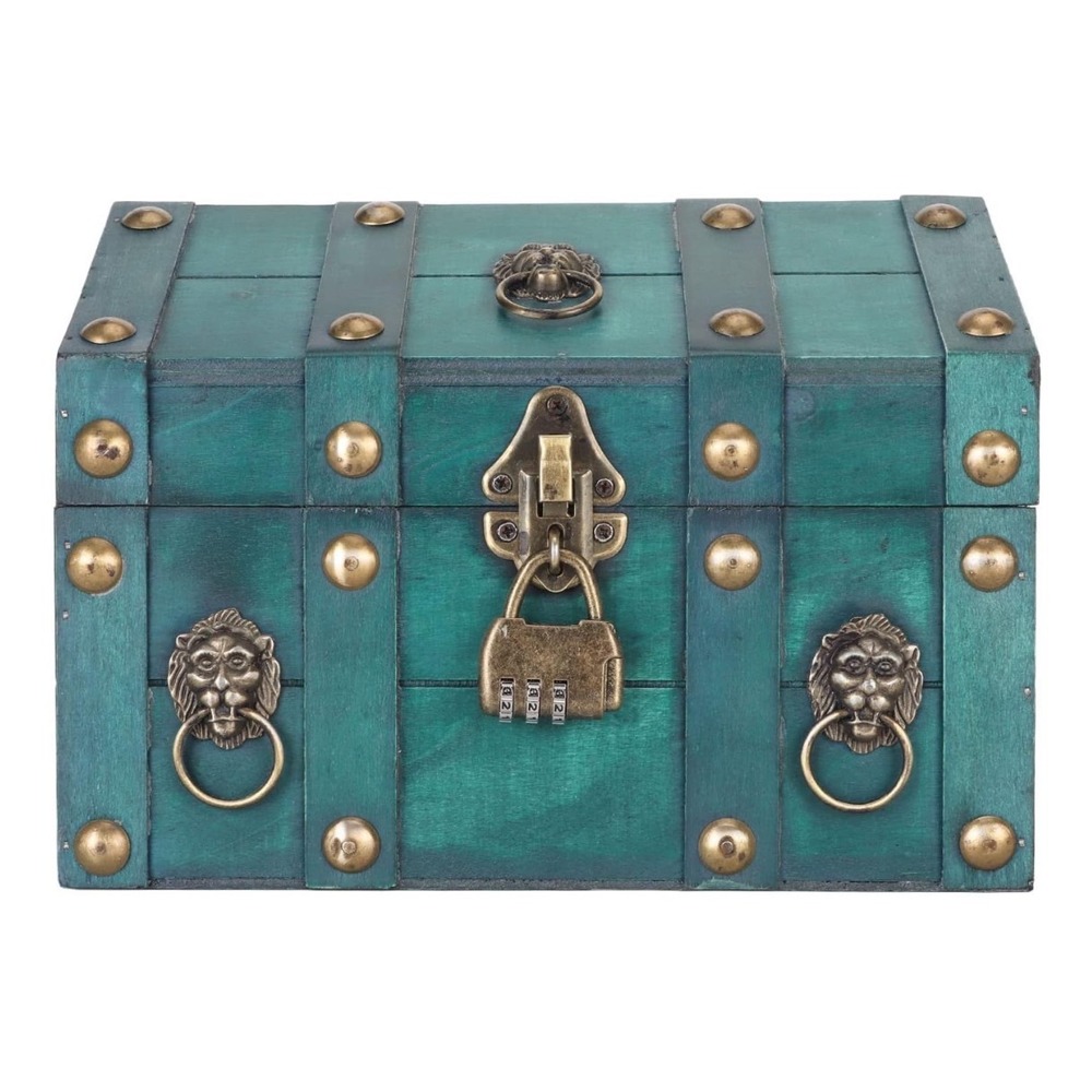 Teal Wood Treasure Chest Lion Head Studded Trunk with Combination Lock